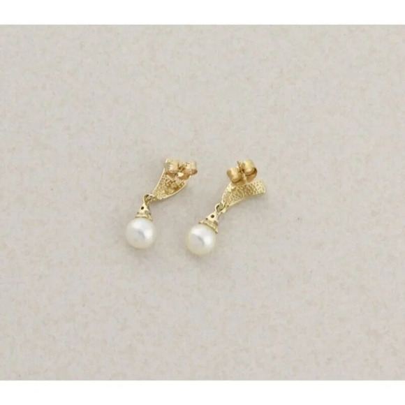 10k Yellow Gold Freshwater Pearl Earrings Dangle Drop - Picture 5 of 9